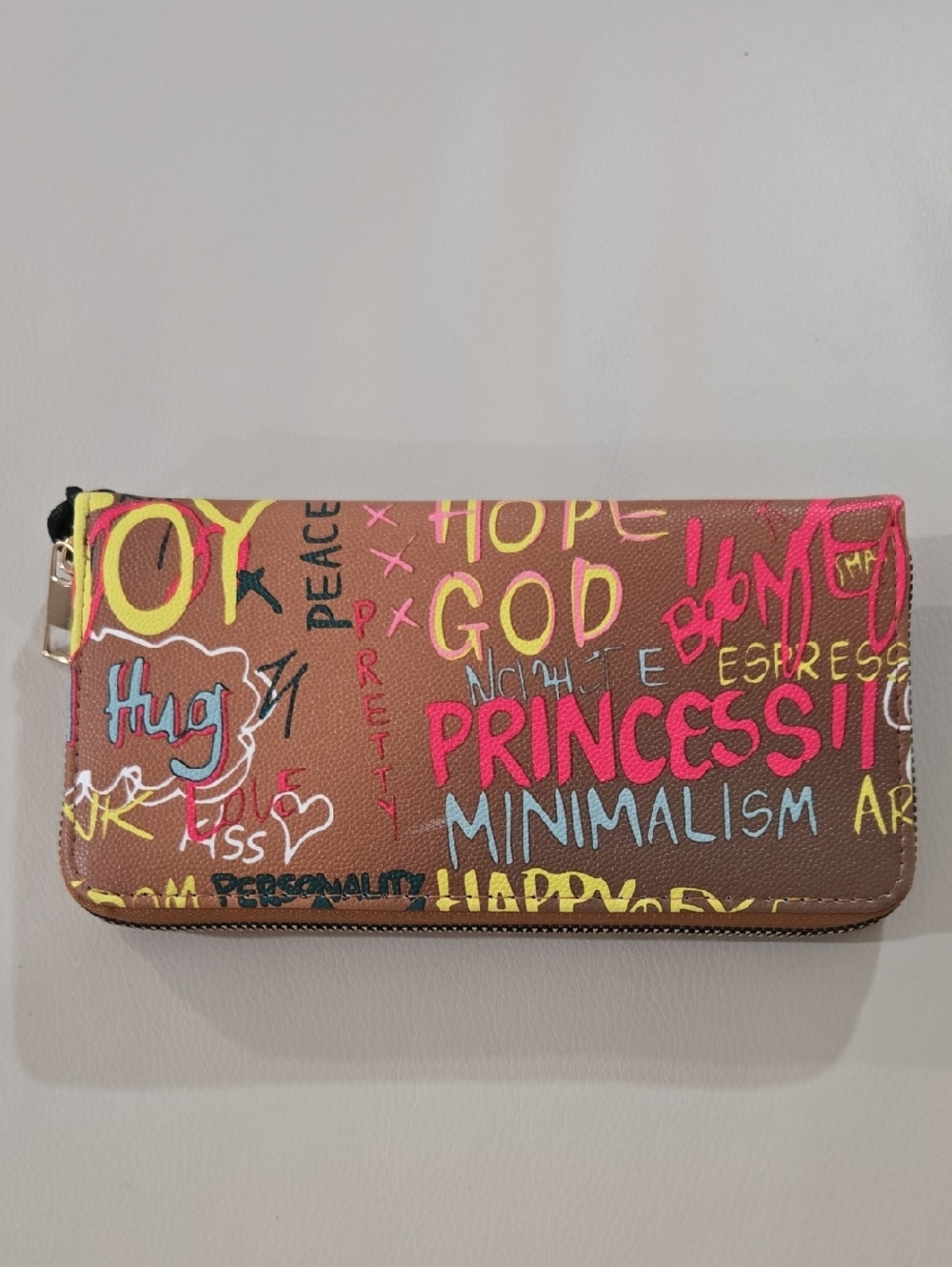 Graffiti Script Brown Wallet with Pink & Yellow Accents